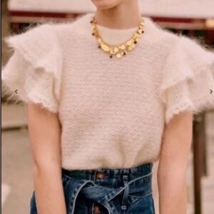 Sezane Cream Flutter Sleeve Mohair Sweater